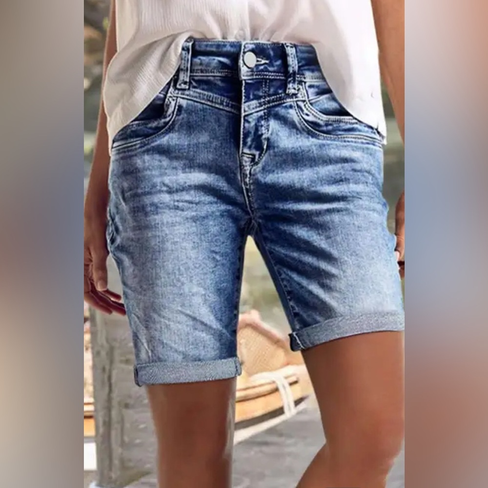 NEW - Flamingals Wash Roll Hem Stitch Mid-Rise Bermuda Denim Shorts